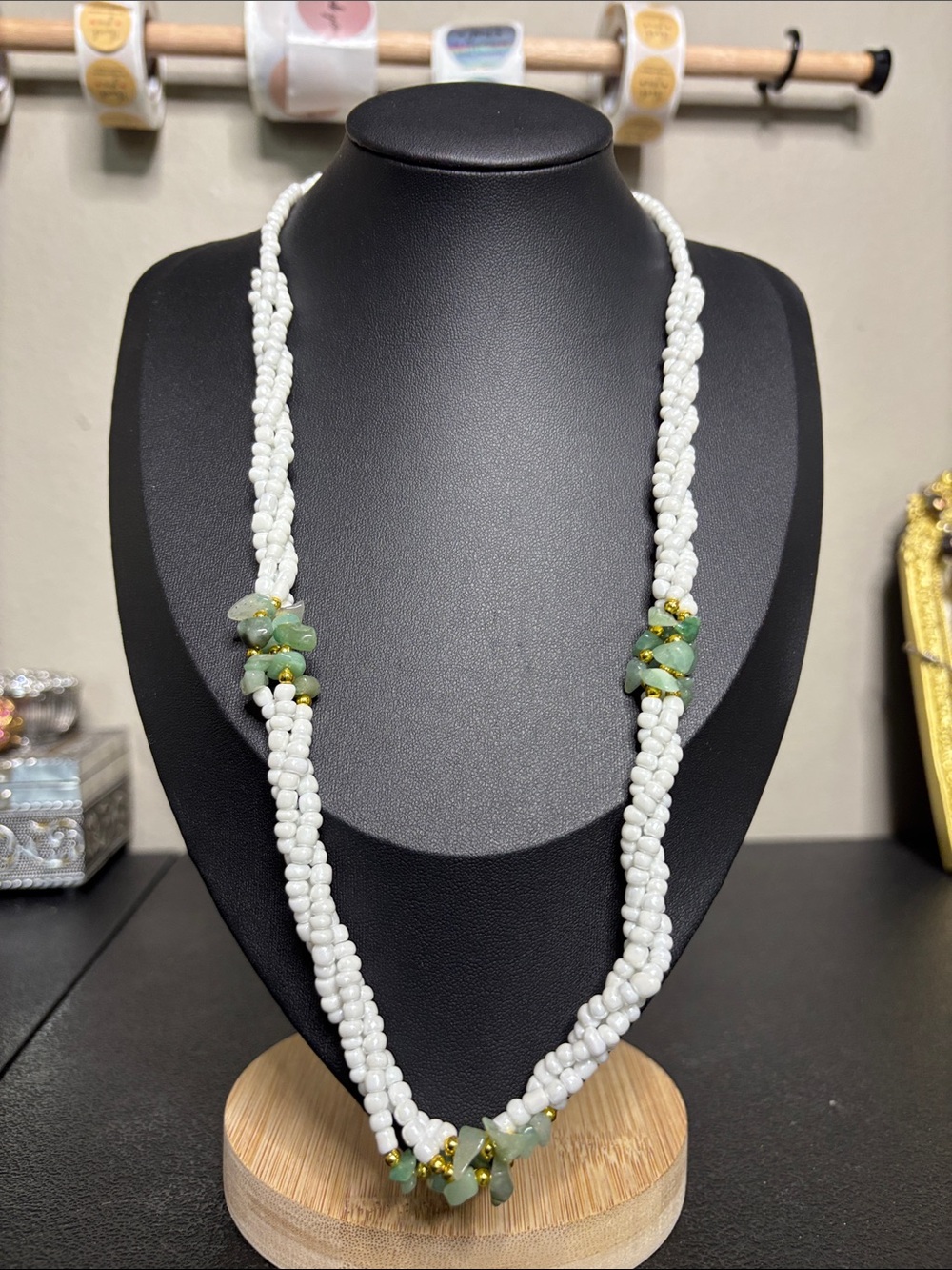 Vintage Handcrafted White Beaded Necklace Green Stone Accents